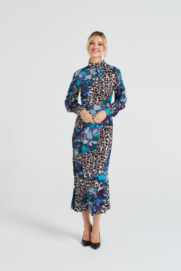 Multi Print Long Chiffon High Neck Tea Dress Angeleye